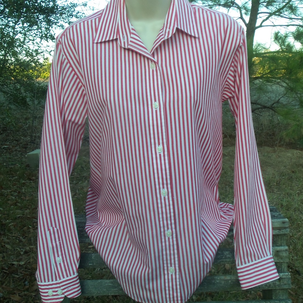Lands end pinstripe blouse 10 cranberry womens
